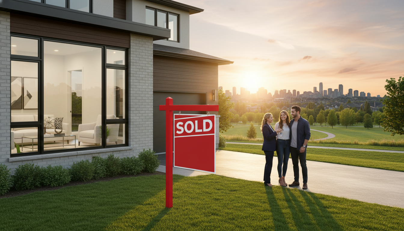 Milton Ontario suburban home with sold sign, staged interior visible, agent handing keys to buyers