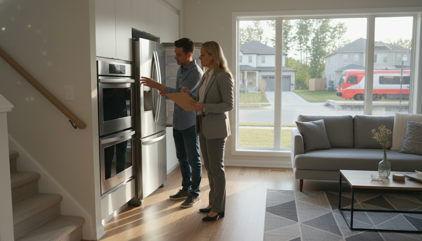 Realtor conducting a final walkthrough with buyers in a Milton, Ontario home, checking appliances and taking notes.
