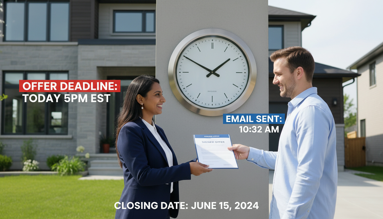 Realtor handing signed offer to buyer in front of a Milton, Ontario house with a clock showing a deadline