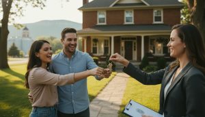 Local realtor handing keys to new homeowners in front of a Milton Ontario home, with Niagara Escarpment in background and a clipboard showing title insurance document.