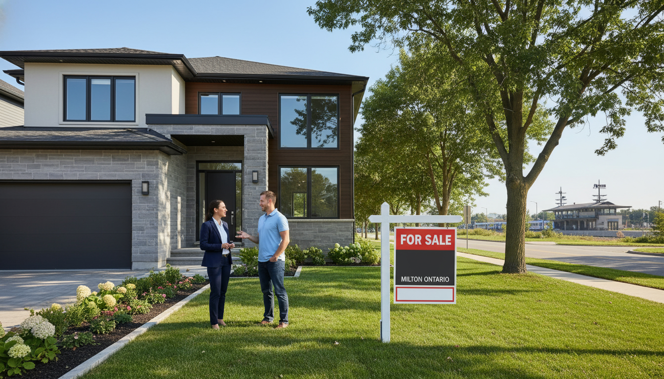 Real estate agent consulting homeowner in front of a Milton, Ontario house with For Sale sign and neighbourhood visible