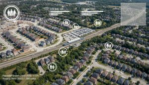 Aerial view of Milton Ontario neighborhood with demographic charts and map inset