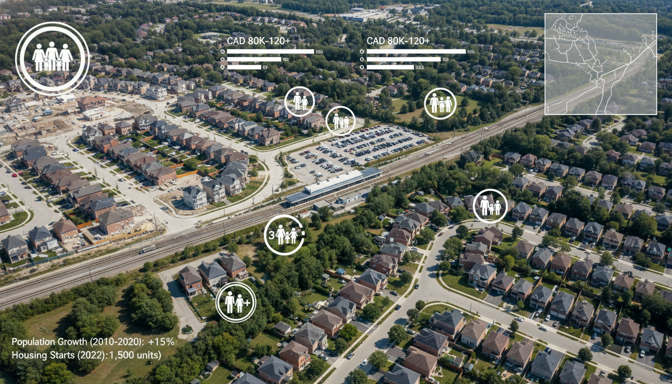 Aerial view of Milton Ontario neighborhood with demographic charts and map inset