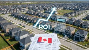 Aerial Milton homes with a calculator and rising ROI chart overlay, representing property investment in Milton, Ontario.