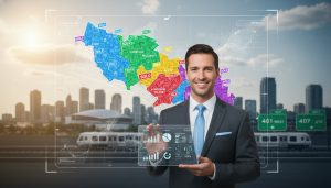 Map of Milton, Ontario highlighting fast-selling neighbourhoods with sold signs and a realtor holding market data.