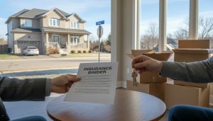 Milton Ontario house with insurance binder and keys on table, moving boxes in background