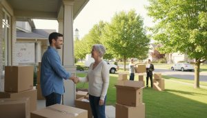 Buyer and seller handshake on front porch in Milton during early possession move-in with moving boxes and calendar.