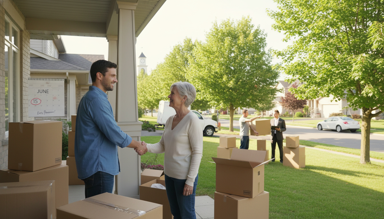 Buyer and seller handshake on front porch in Milton during early possession move-in with moving boxes and calendar.