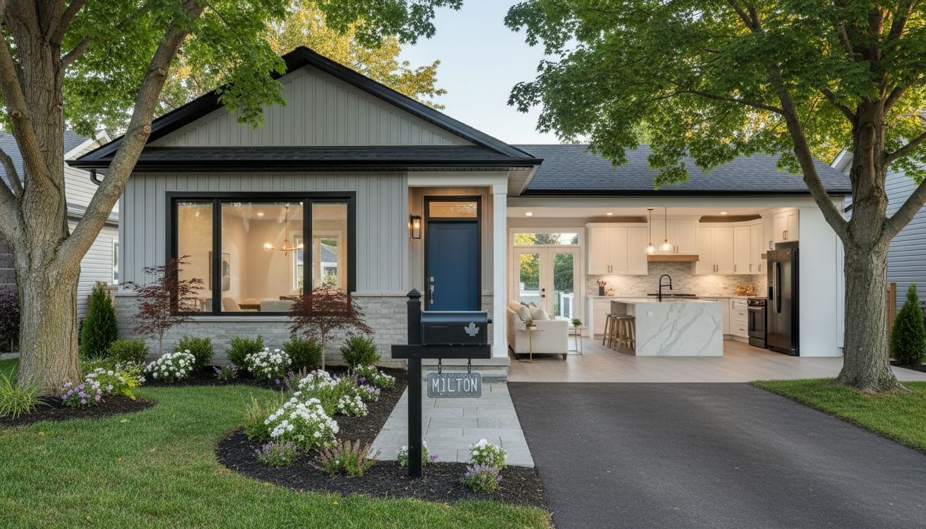 Renovated Milton Ontario home showing modern kitchen, hardwood floors and landscaped front yard