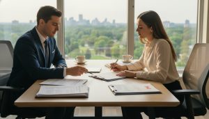 Real estate lawyer and client signing closing documents in Milton, Ontario with documents labeled Transfer/Deed of Land and Statement of Adjustments