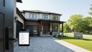 Realtor with tablet outside a modern Milton, Ontario home next to lockbox