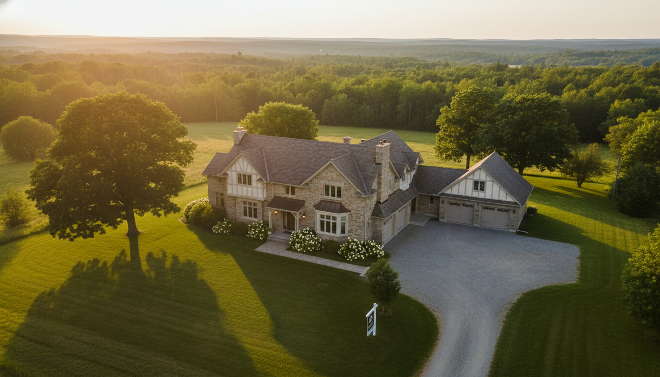 Exterior of an older but well-built estate home in Milton, Ontario on a large lot, with a 'For Sale' sign and tidy yard.