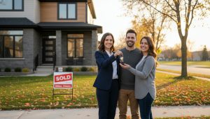 Top real estate agent with clients in front of a sold home in Milton, Ontario