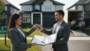 Real estate agent handing keys and documents to buyer outside a Milton, Ontario home with moving truck in background