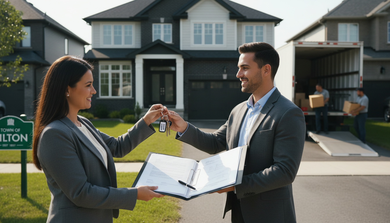 Real estate agent handing keys and documents to buyer outside a Milton, Ontario home with moving truck in background