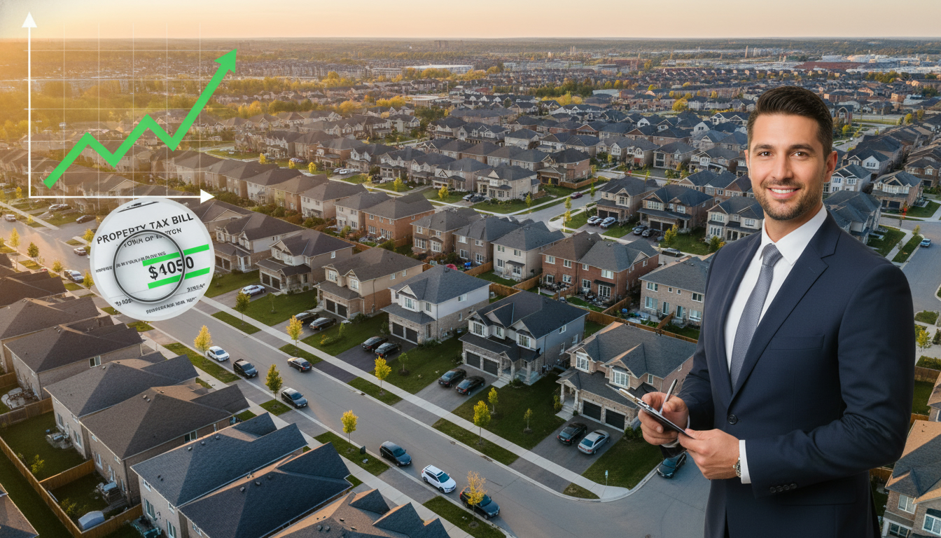 Aerial view of Milton Ontario neighbourhood with a financial chart and property tax bill overlay