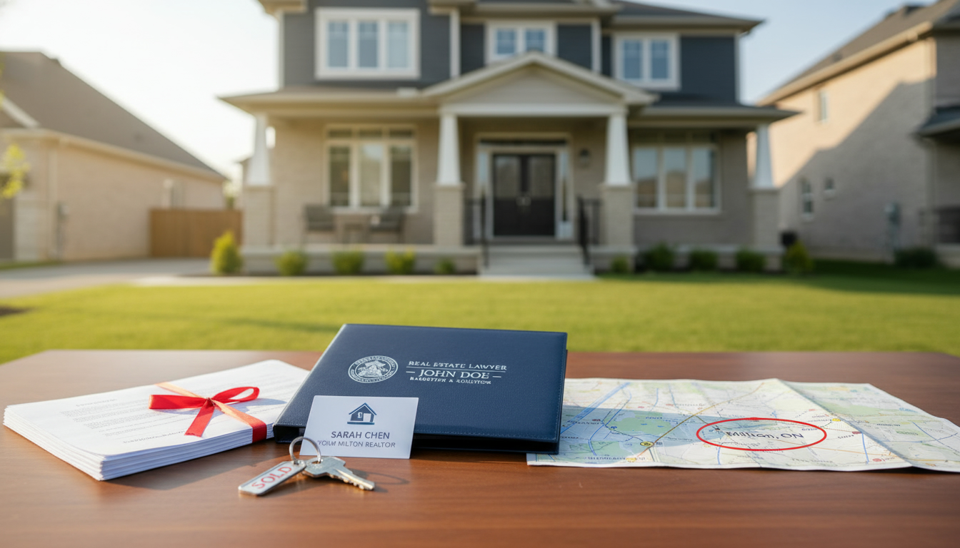 Suburban Milton, Ontario home with legal documents, keys, and realtor materials on a table.