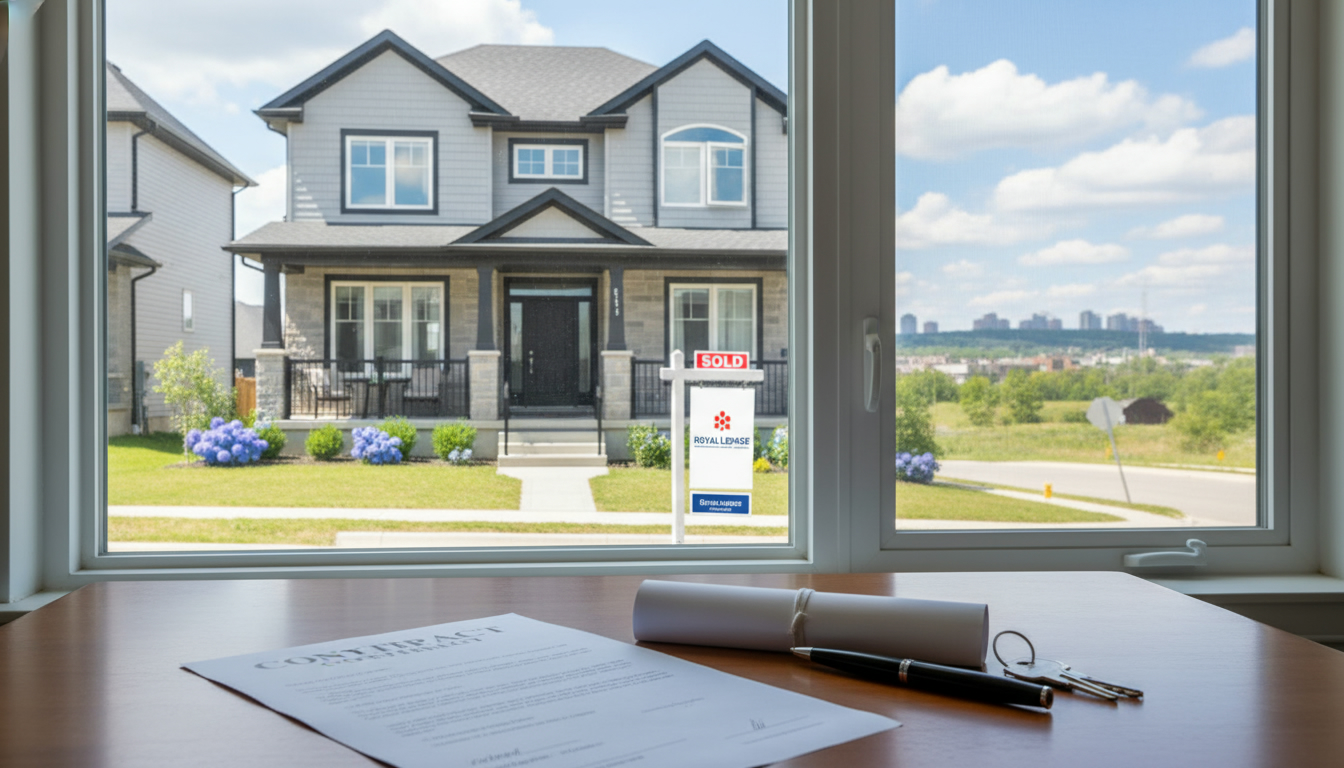 Milton Ontario house with Sold sign, keys and contract on table representing closing day and home insurance timing
