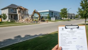 House in Milton, Ontario being demolished with visible permit documents and Conservation Halton sign in background