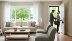 Staged Milton home interior with realtor placing lockbox and homeowner leaving with go-bag