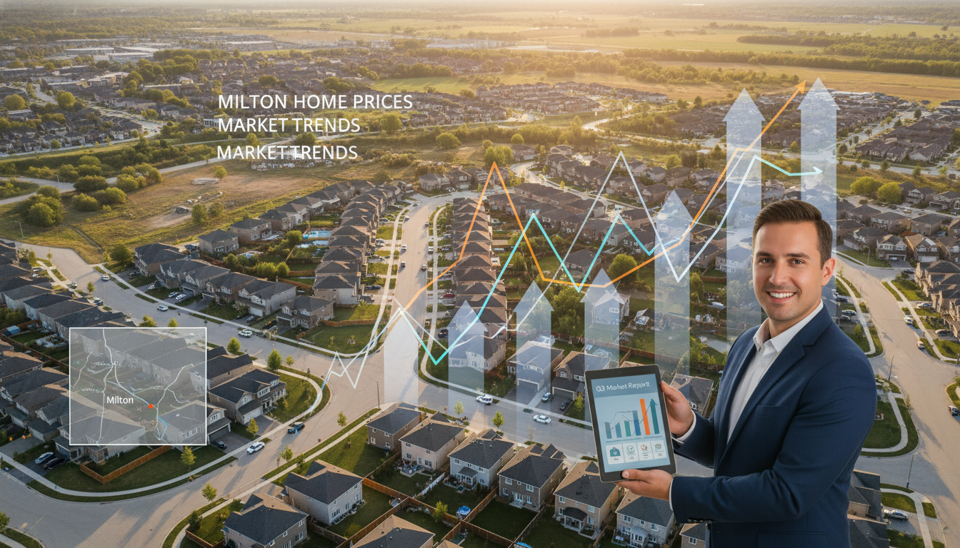 Aerial view of Milton Ontario neighbourhood with price trend graph overlay