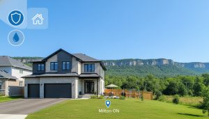 Milton Ontario suburban home with escarpment in background and insurance icons overlay