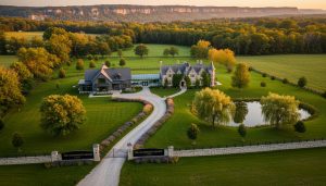 Aerial view of a luxury rural property in Milton, ON with rolling acreage and farmhouse near the escarpment.