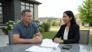 Real estate agent advising a worried buyer in front of a Milton, Ontario suburban house with paperwork and a mortgage denial letter visible.