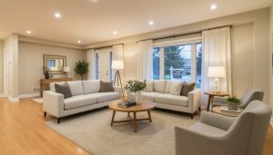 Staged Milton living room with warm layered lighting, natural light through sheer curtains, and modern LED fixtures.