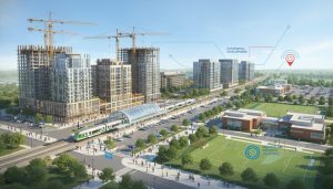 Aerial view of Milton, Ontario with new developments: construction cranes, mid-rise buildings, GO train station, business park, parks, and overlay planning map markers.