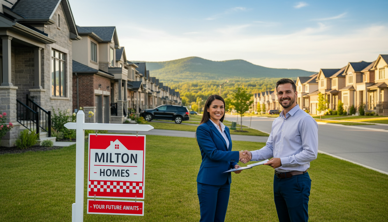 Milton Ontario suburban street with 'For Sale' sign and realtor handing contract to buyer, escarpment in background