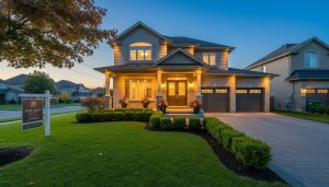 Modern Milton Ontario home front yard with fresh landscaping, planters, clean driveway and real estate sign.