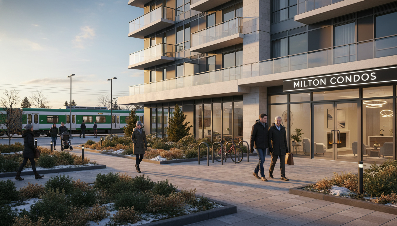 Modern Milton condo building with landscaped courtyard and commuter elements, showing residents and GO Train in distance.
