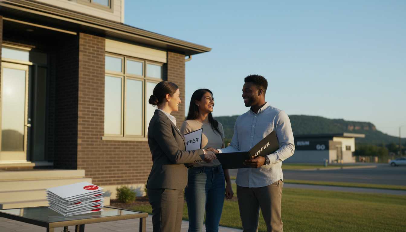 Realtor presenting an offer to buyers with Milton landmarks in the background, symbolizing a bidding war in Milton, ON