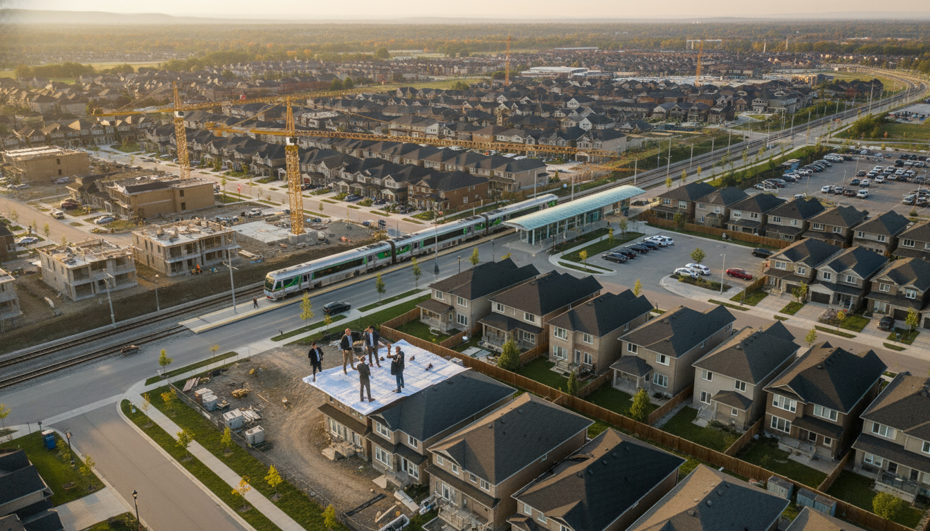 Aerial view of Milton neighborhood with new construction, cranes, and Milton GO train station nearby.