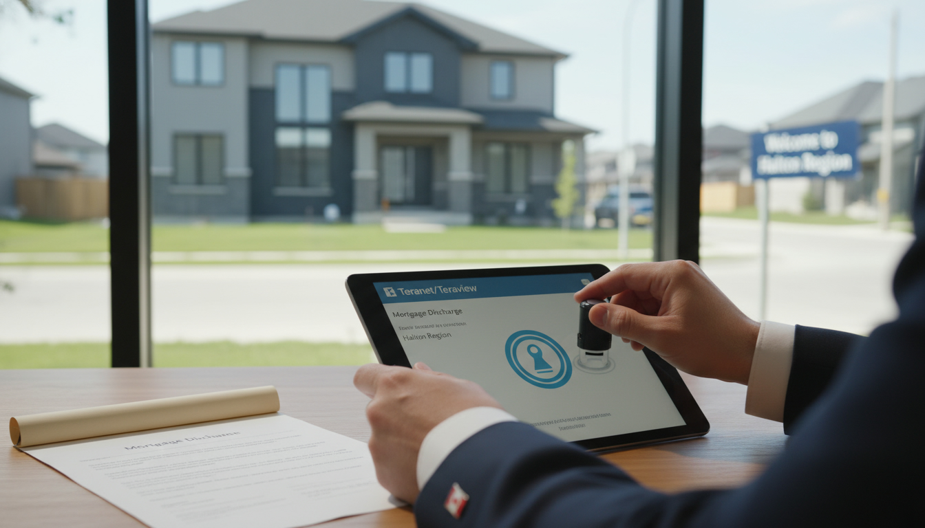 Milton Ontario home with mortgage discharge document and lawyer registering title electronically