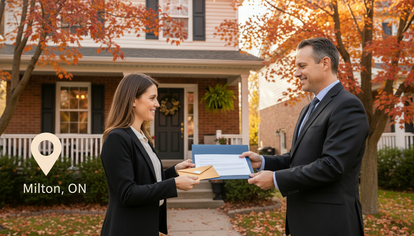 Buyer handing an offer packet and personal letter to a real estate agent in front of a suburban Milton Ontario home