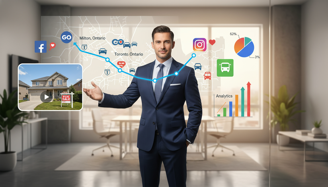 Realtor pointing to digital map linking Milton Ontario to Toronto with marketing icons and analytics