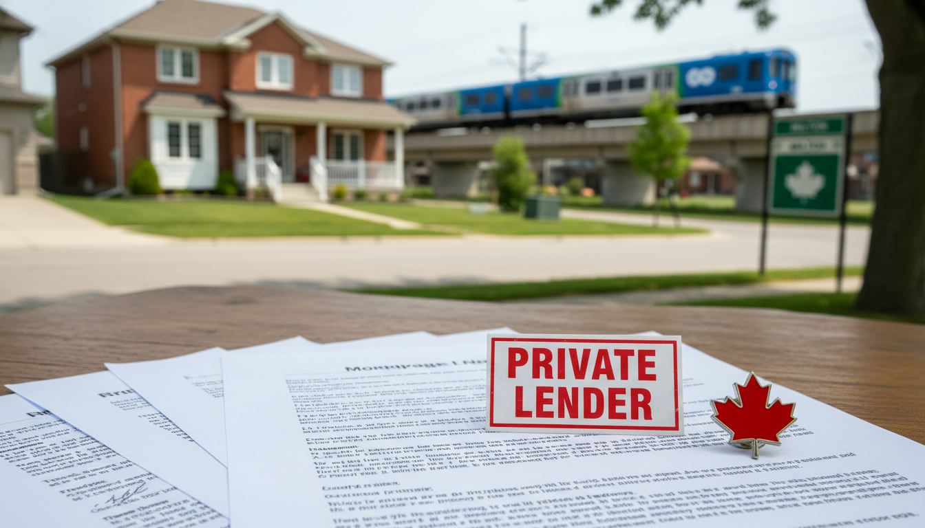 Mortgage documents labeled 'Private Lender' on a table with a Milton, Ontario neighbourhood and GO train visible in the background.