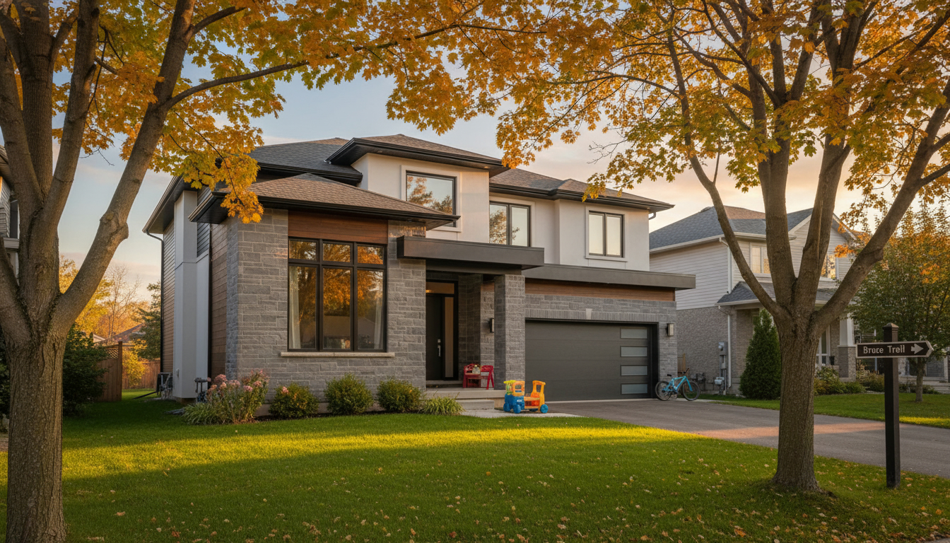 Modern family home in Milton Ontario at golden hour with front yard and walking trail sign