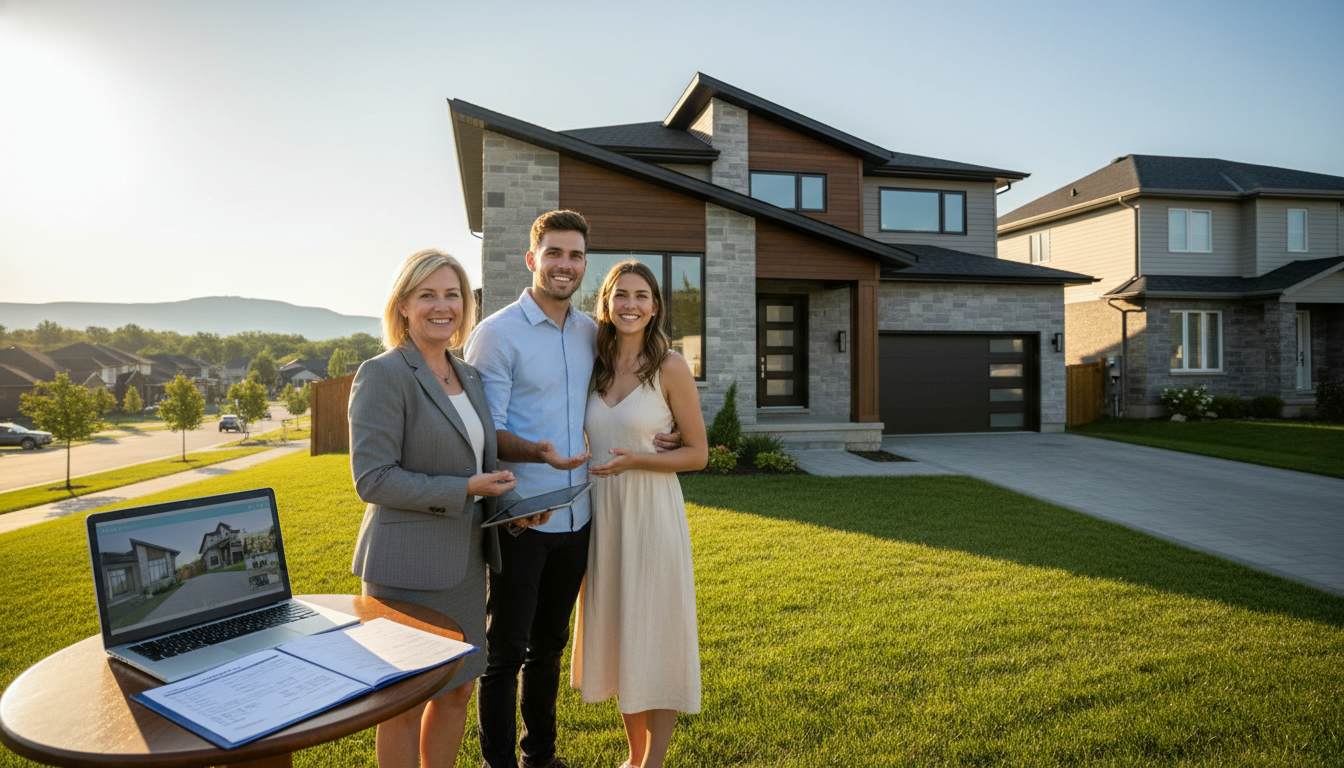 First-time home buyers with a realtor outside a suburban home in Milton, Ontario, holding mortgage paperwork.