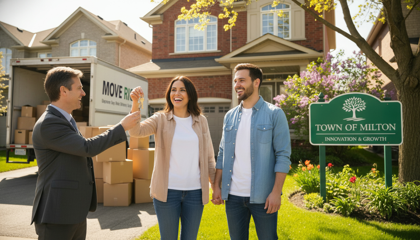 Realtor handing keys to buyers in front of a Milton, Ontario home with moving boxes and truck