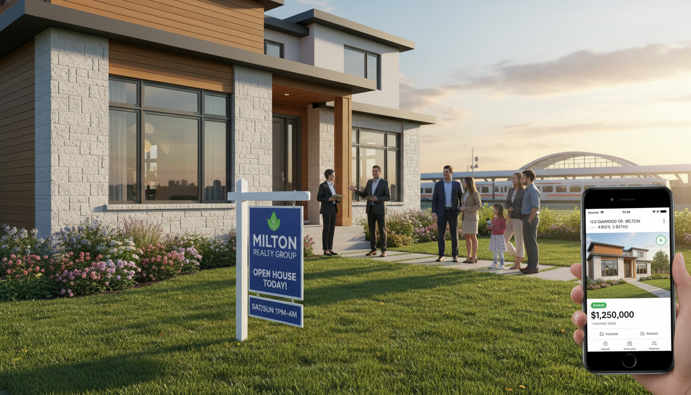 Modern Milton home with 'For Sale' sign, open house attendees, and a realtor guiding showings