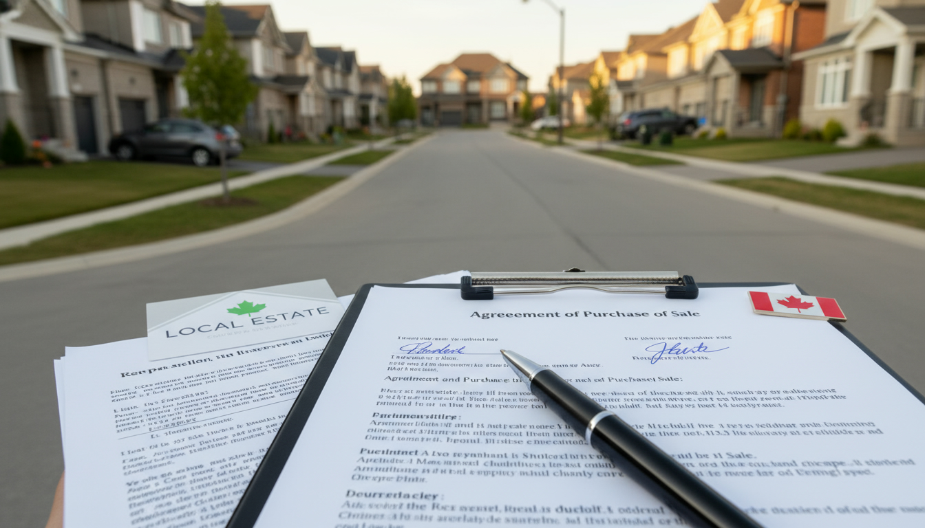 Signed real estate contract on clipboard with Milton, Ontario houses blurred in background