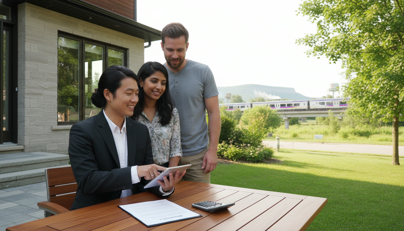 Milton homeowners reviewing refinancing documents with a mortgage broker in front of a suburban Milton house