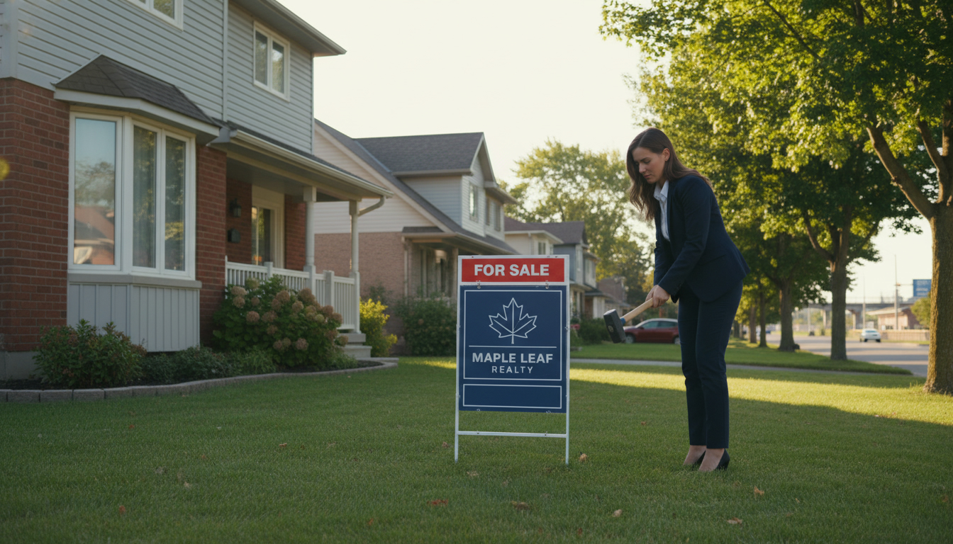 Suburban Milton, Ontario home with a For Sale sign and realtor on the lawn