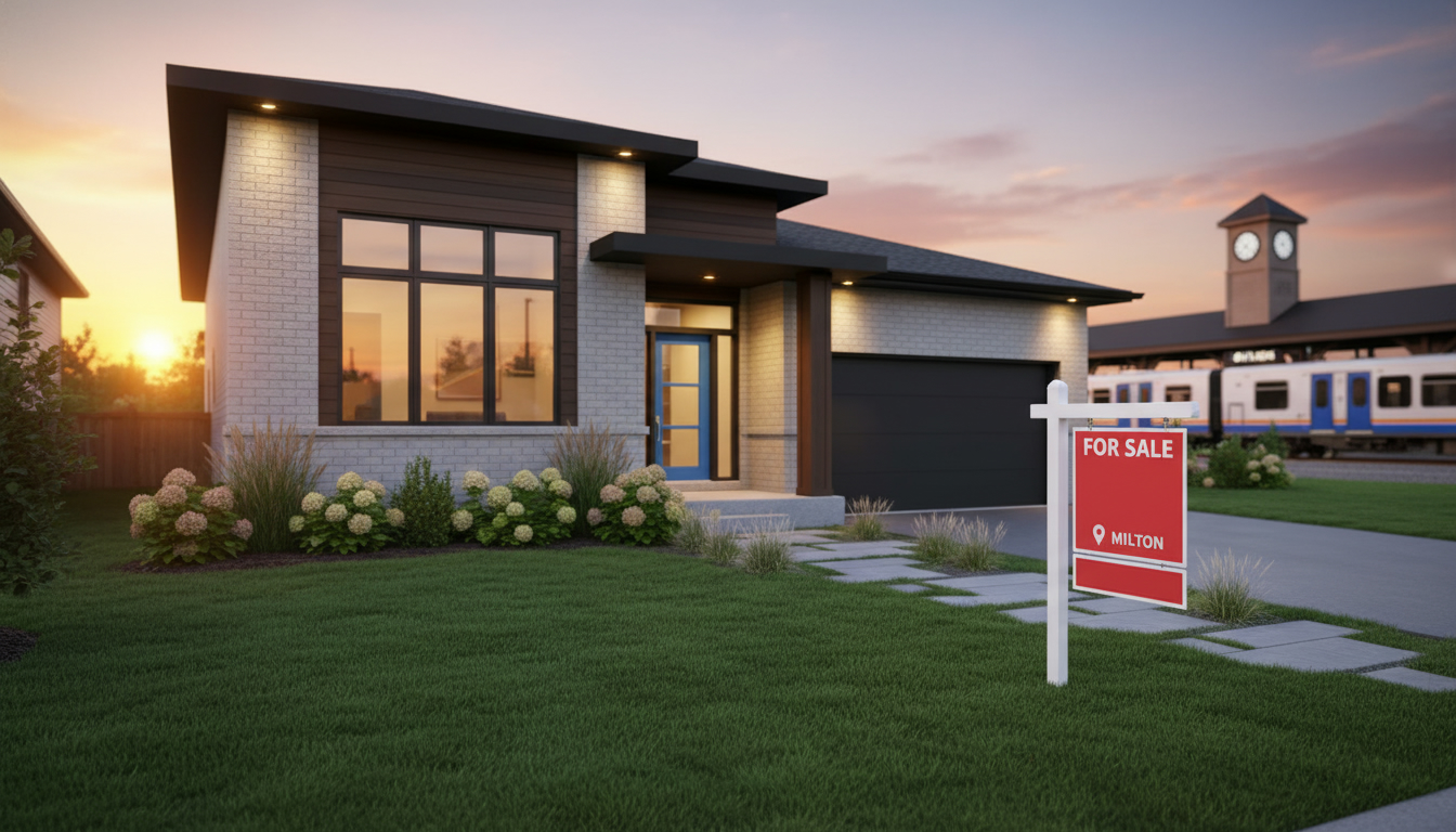 Modern suburban home in Milton, Ontario with for sale sign and GO train in the distance during golden hour