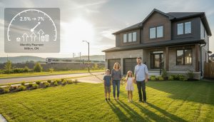 Young family in front of a Milton Ontario home with interest rate gauge overlay showing impact on monthly payments