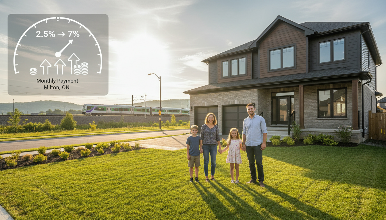 Young family in front of a Milton Ontario home with interest rate gauge overlay showing impact on monthly payments