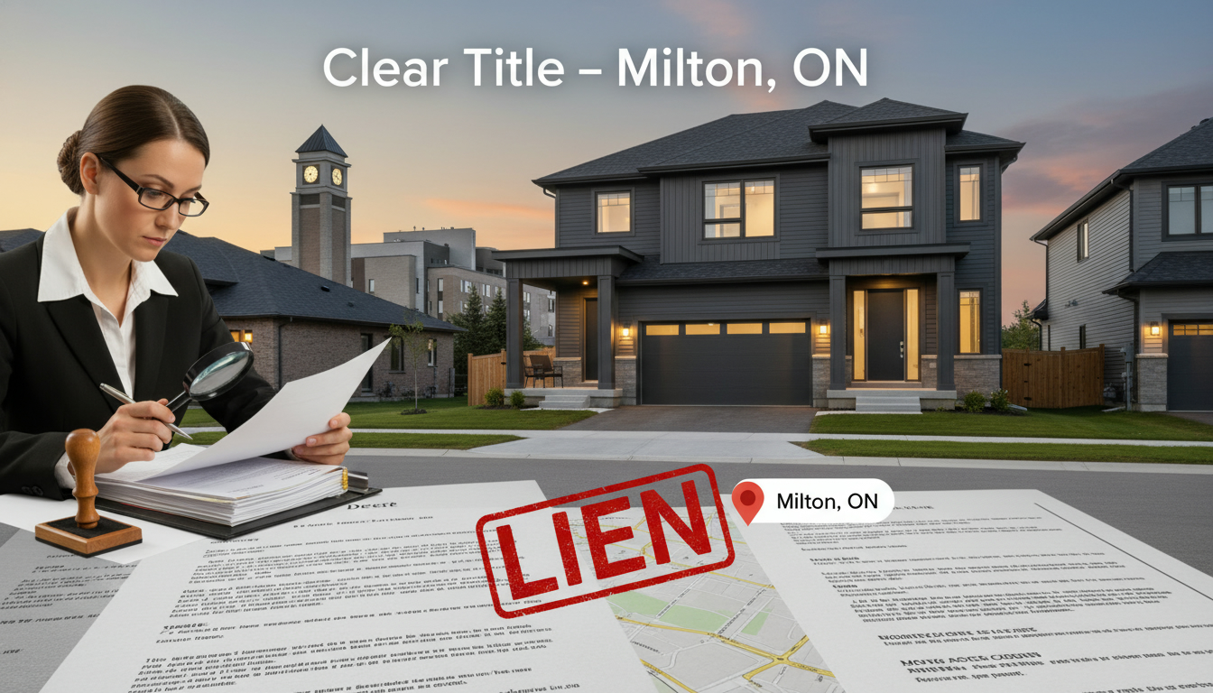 Milton Ontario house with legal documents and 'LIEN' stamp indicating unpaid taxes and title issues